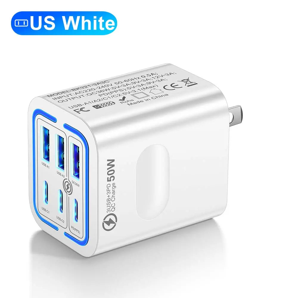 50W Portable 6-Port USB C & USB A Square Charging Station
