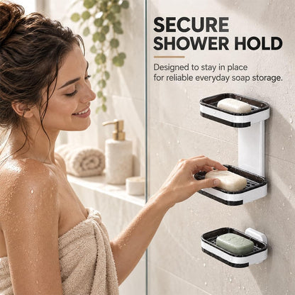 Wall Mounted Double-Layer Soap Dish, No-Drill Self-Draining Bathroom Organizer with Anti-Slip & Drip-Proof Design