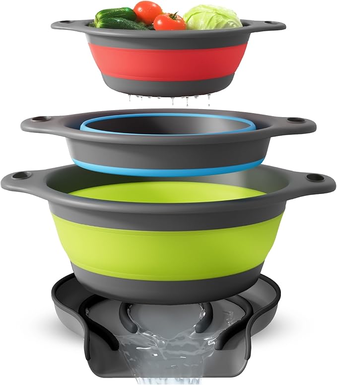 Collapsible Colanders 3-Pack Sturdy Kitchen Strainer Set, Compact with Over-Sink Self-Drainage Base