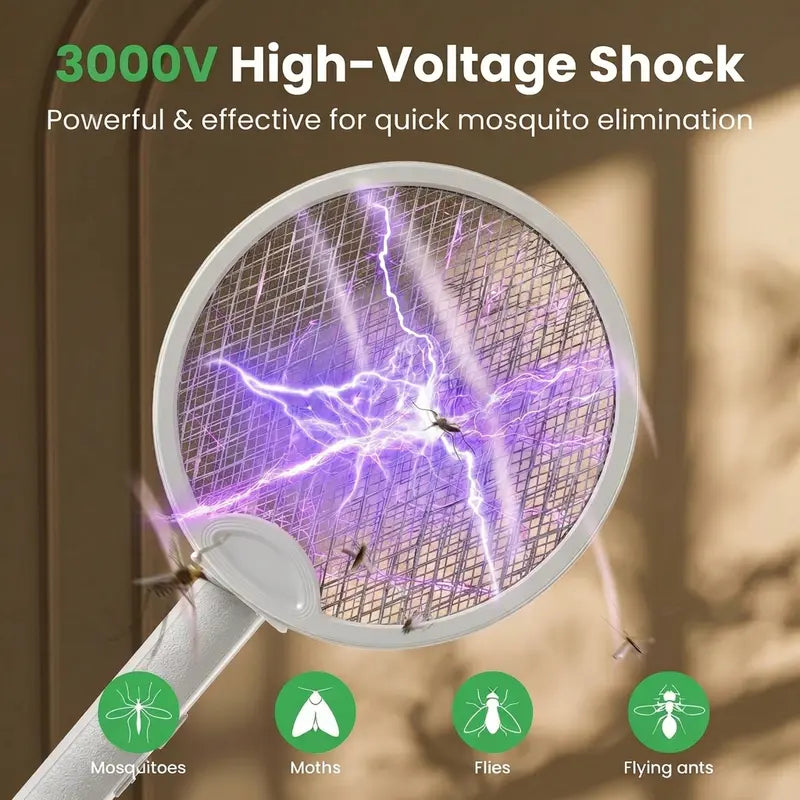 Foldable Electric Fly Swatter Racket 3000V – USB Rechargeable 2-in-1 Bug Zapper & UV Mosquito Trap, 1200mAh