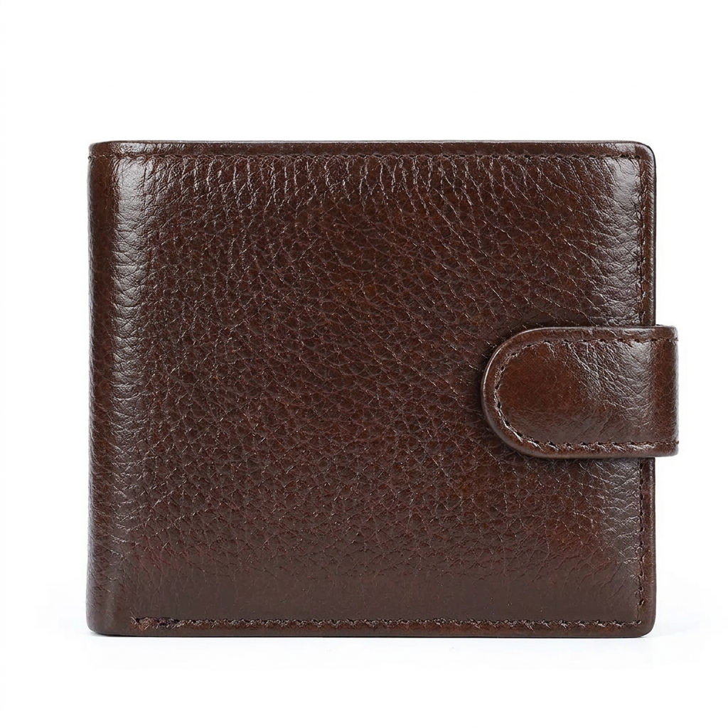 Closed coffee leather bi-fold wallet with snap closure