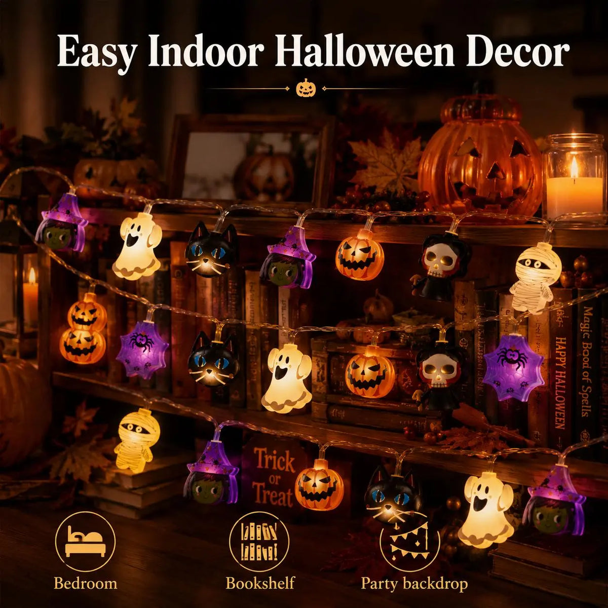 Halloween LED string lights decorating bedroom shelf and party backdrop