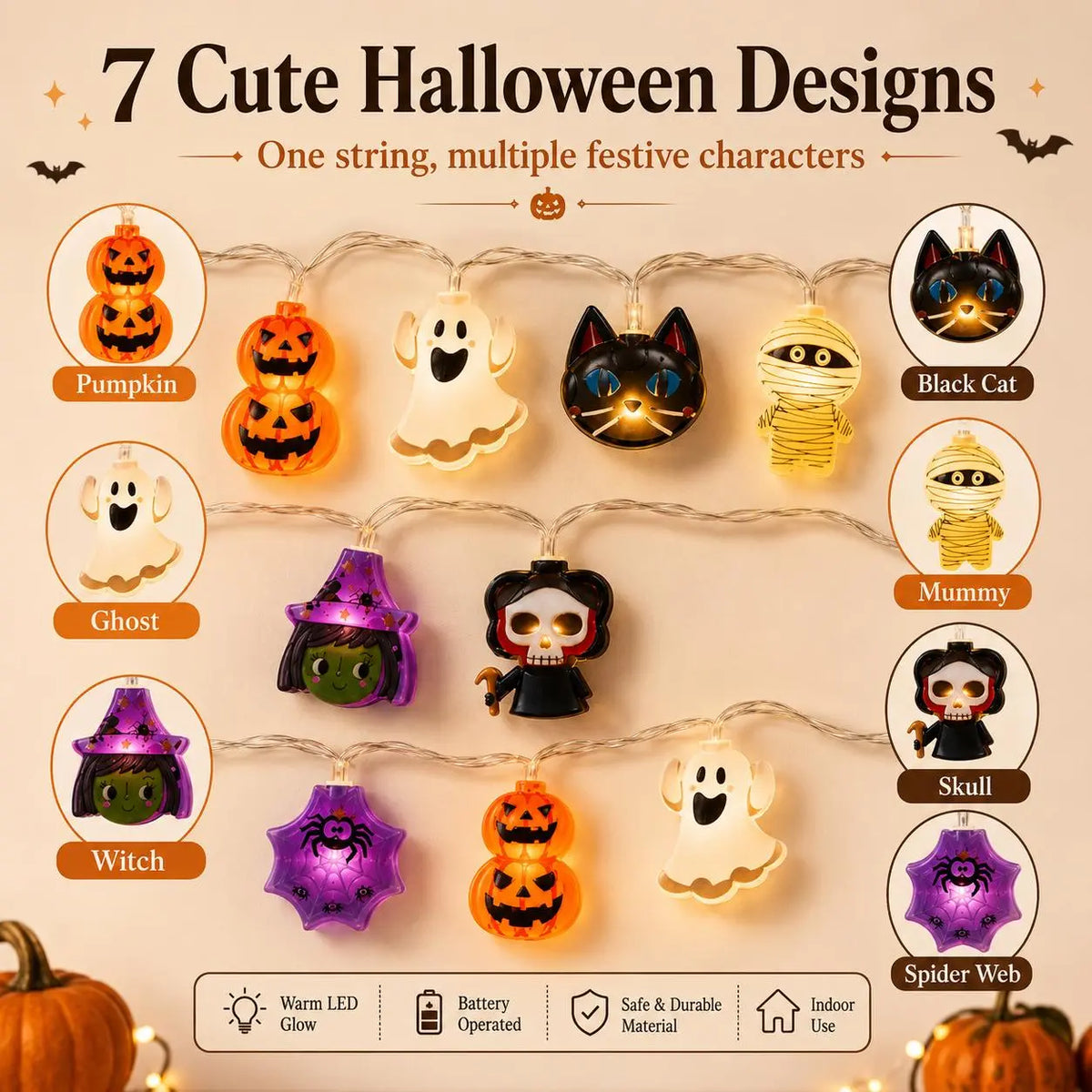 Seven Halloween string light character designs including pumpkin, ghost, witch, black cat, mummy, skull and spider web