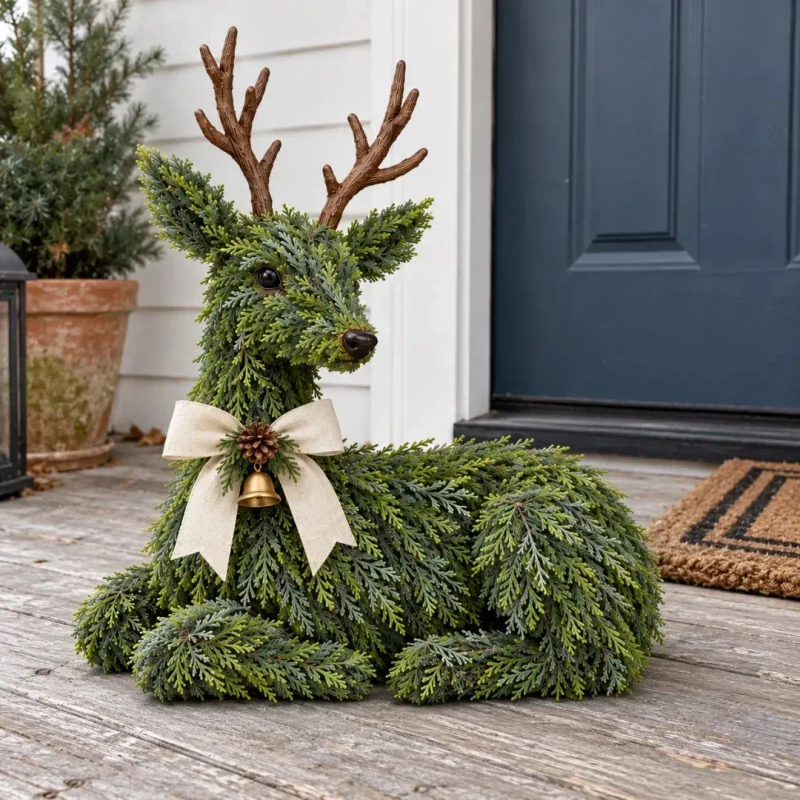 Christmas Evergreen Reindeer Decoration – Rustic Woodland Deer Figurine With Bow & Bell