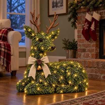 Christmas Evergreen Reindeer Decoration – Rustic Woodland Deer Figurine With Bow & Bell