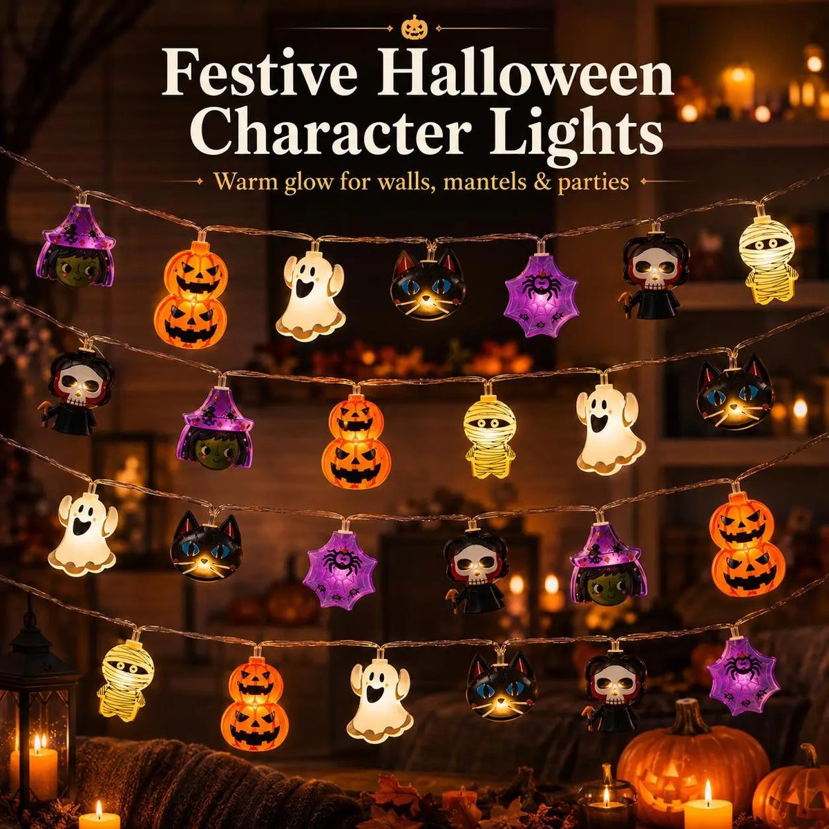 Festive Halloween character lights across mantel with pumpkins and fall decor