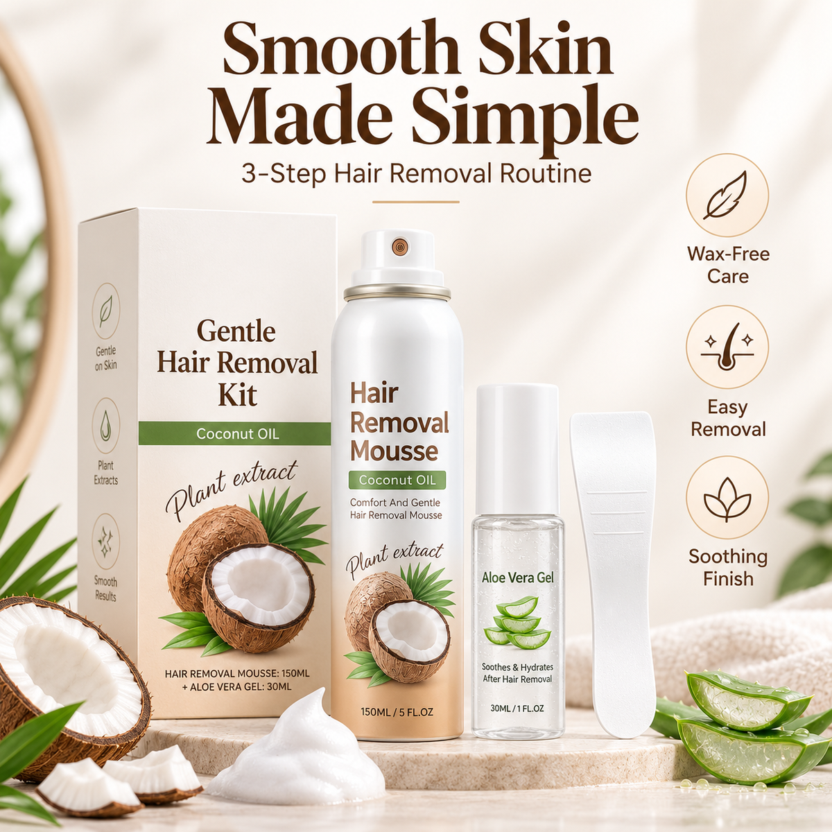 ✨ Gentle 3-Step Hair Removal Mousse and Aloe Gel Care Kit 🌿