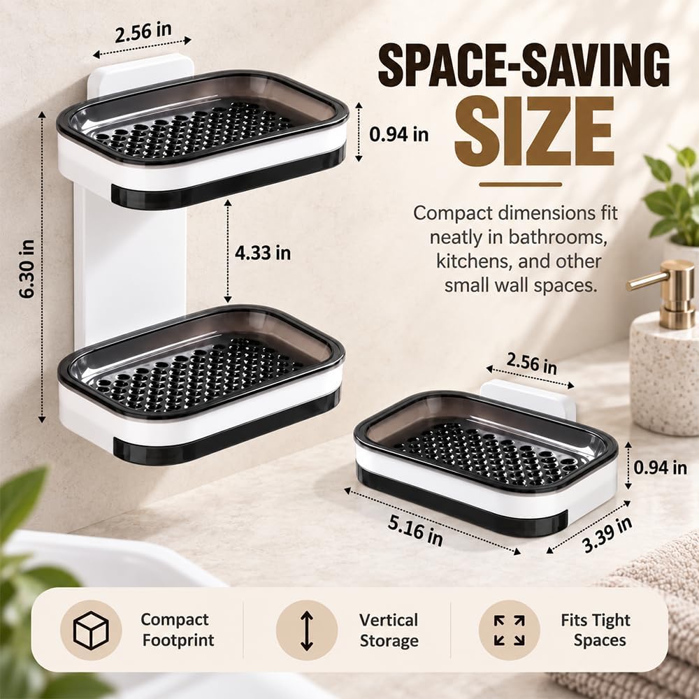 Wall Mounted Double-Layer Soap Dish, No-Drill Self-Draining Bathroom Organizer with Anti-Slip & Drip-Proof Design