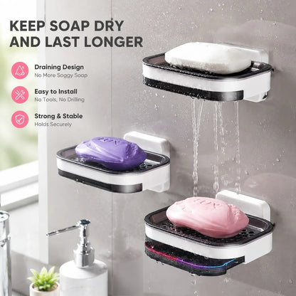 Wall Mounted Double-Layer Soap Dish, No-Drill Self-Draining Bathroom Organizer with Anti-Slip & Drip-Proof Design