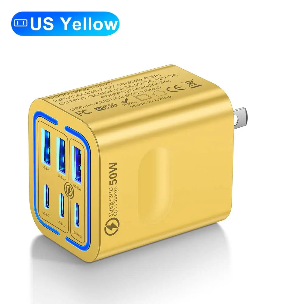 Yellow 50W six port charger