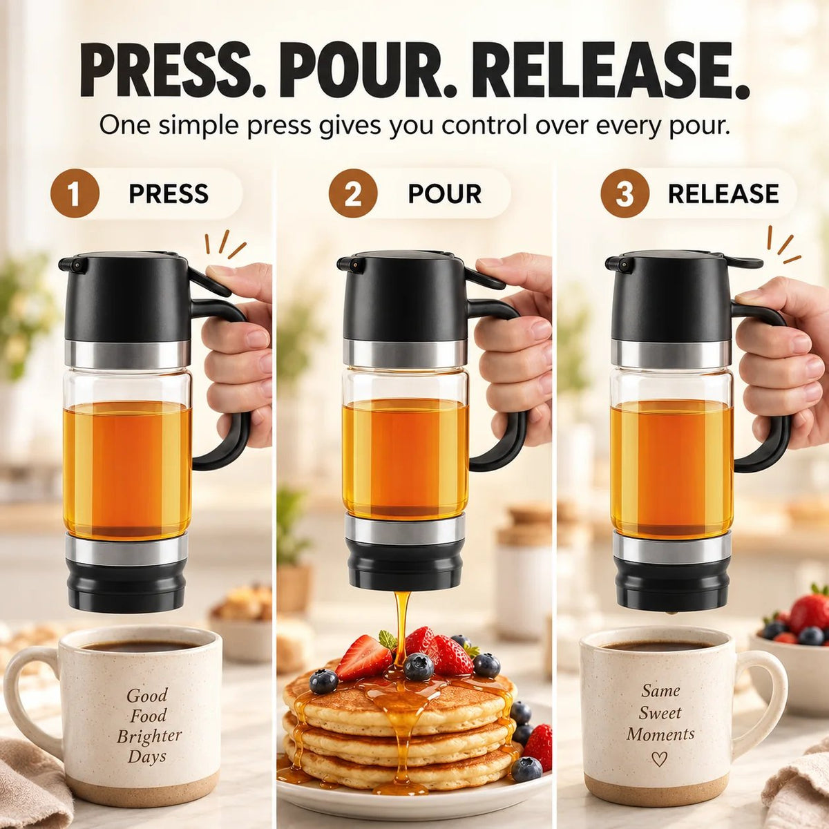 🍯 No-Drip Honey & Syrup Dispenser – Press-to-Pour Glass Jar with Handle