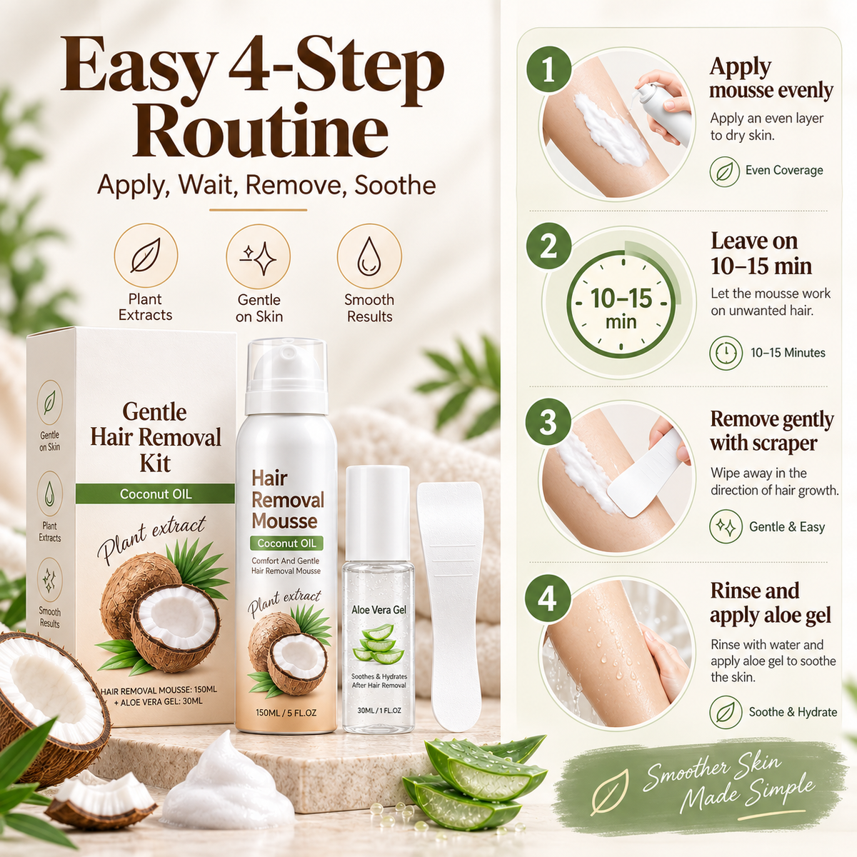 ✨ Gentle 3-Step Hair Removal Mousse and Aloe Gel Care Kit 🌿
