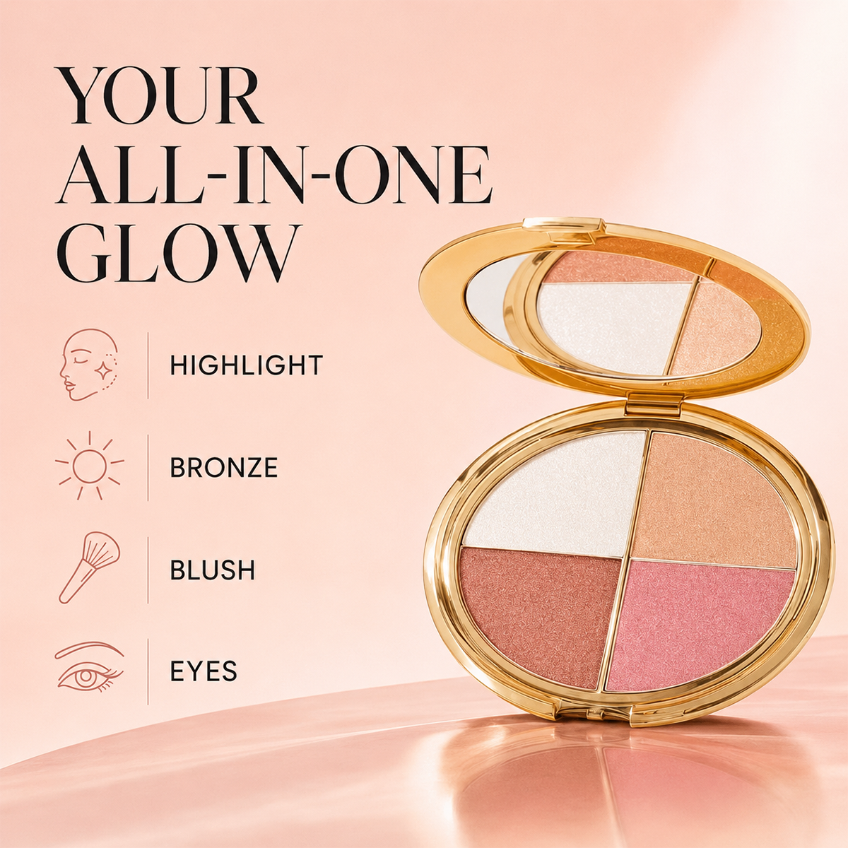 ✨ 4-in-1 Glow Makeup Palette – Highlight, Bronzer, Blush & Eyeshadow in One Compact