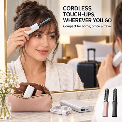 Mini Cordless Hair Straightener Brush, USB Rechargeable Compact Ceramic Heated Bang Comb for Short Hair, Roots and Travel Touch-Ups