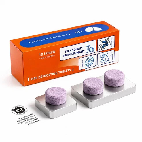 Box of pipe cleaning tablets with purple effervescent tablets