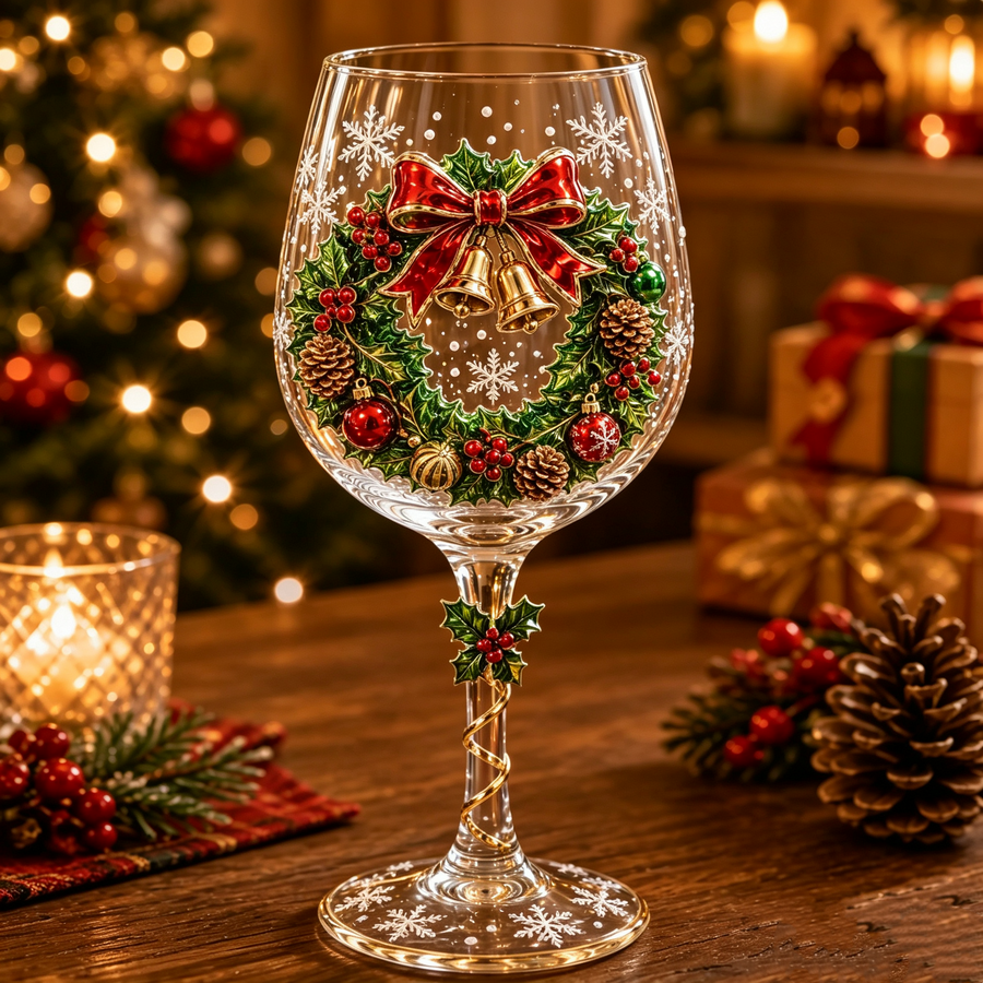 Holiday wreath 3D Christmas wine glass