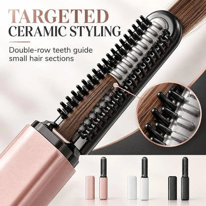 Mini Cordless Hair Straightener Brush, USB Rechargeable Compact Ceramic Heated Bang Comb for Short Hair, Roots and Travel Touch-Ups