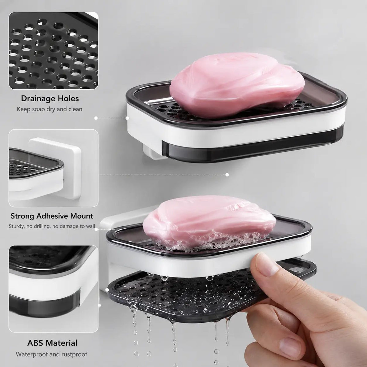 Wall Mounted Double-Layer Soap Dish, No-Drill Self-Draining Bathroom Organizer with Anti-Slip & Drip-Proof Design