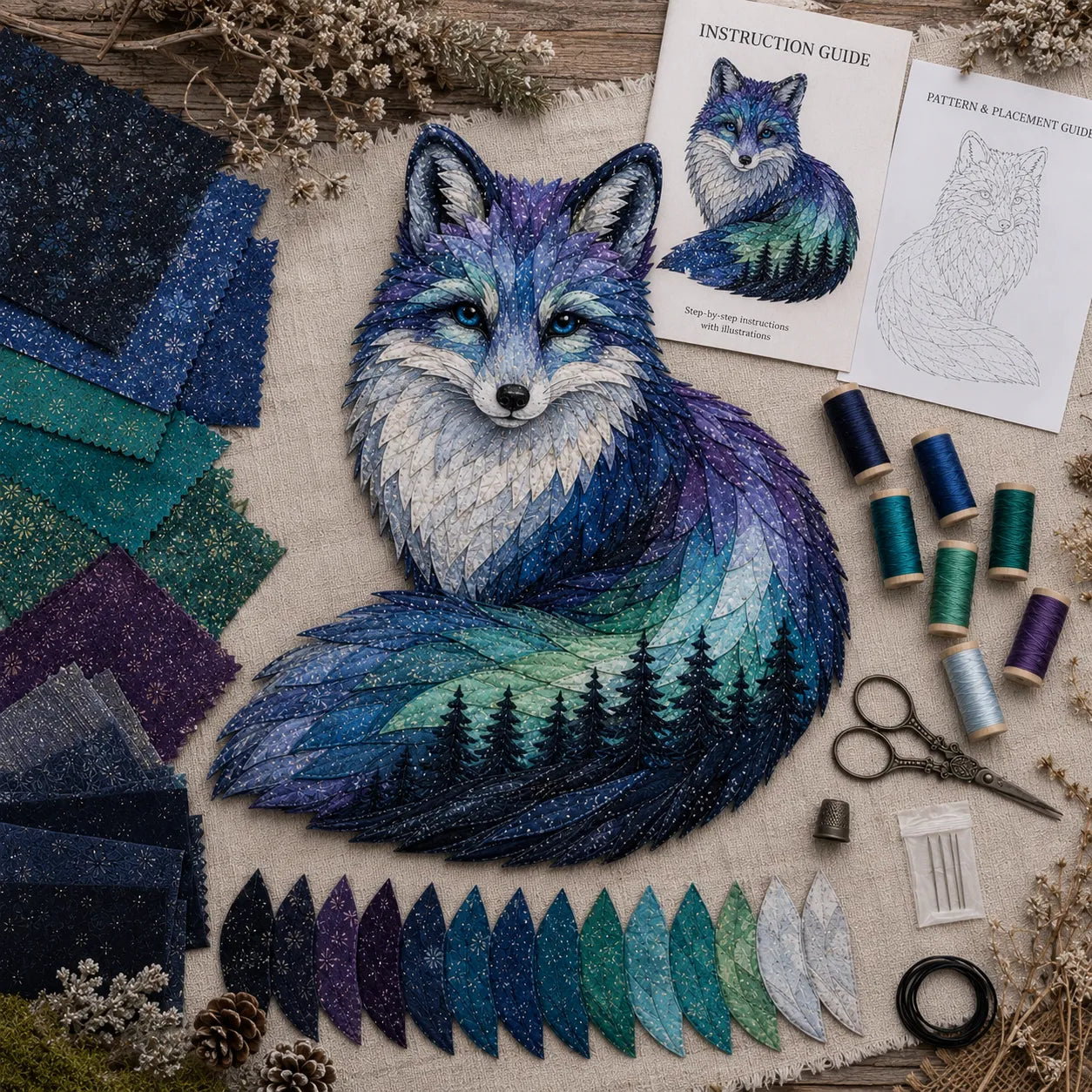 Northern Lights Arctic Fox patchwork design