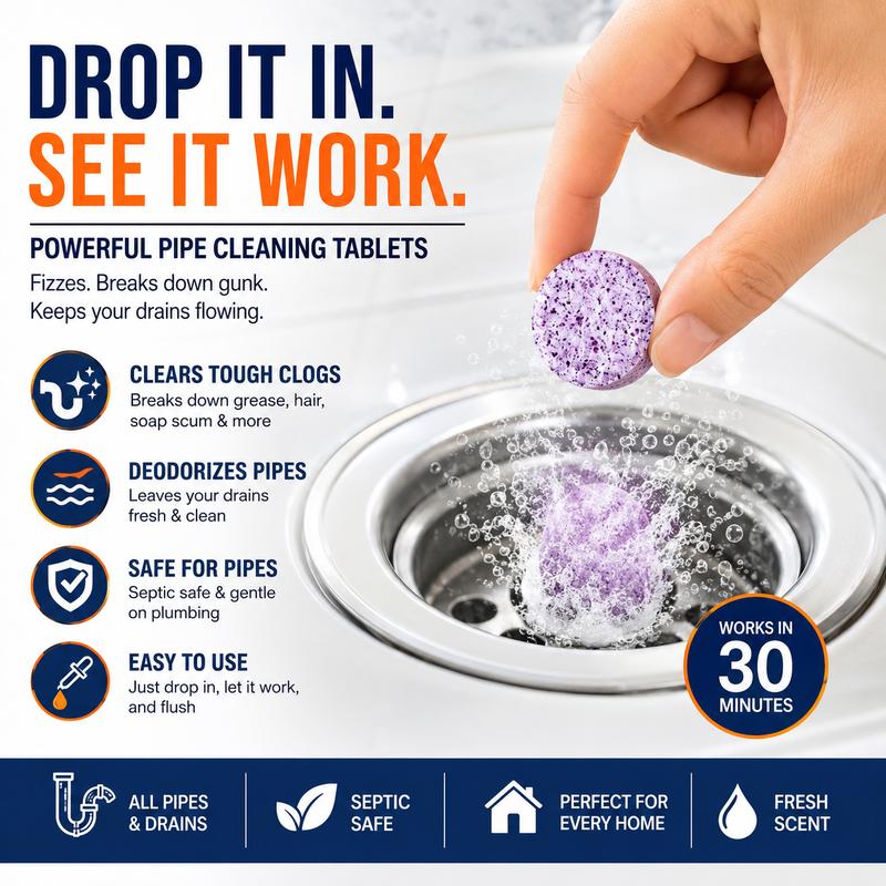 Pipe cleaning tablet fizzing in a household sink drain