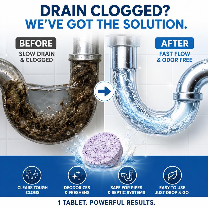 Before and after illustration of a clogged drain and freely flowing pipe