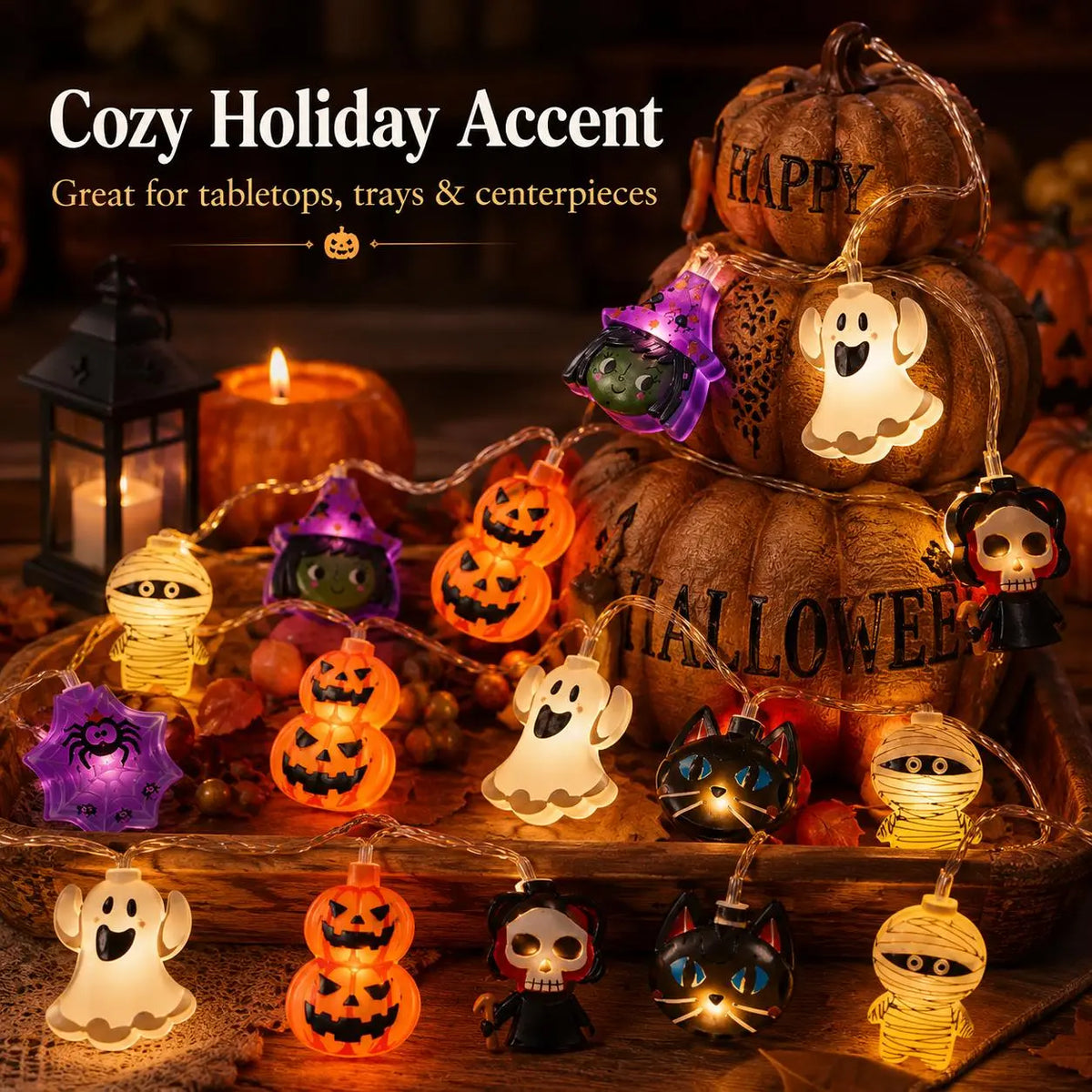 Halloween character LED string lights wrapped around decorative pumpkins