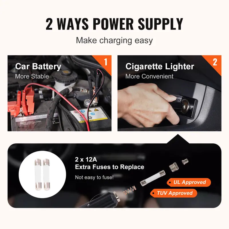 vehicle battery and cigarette lighter power connection options