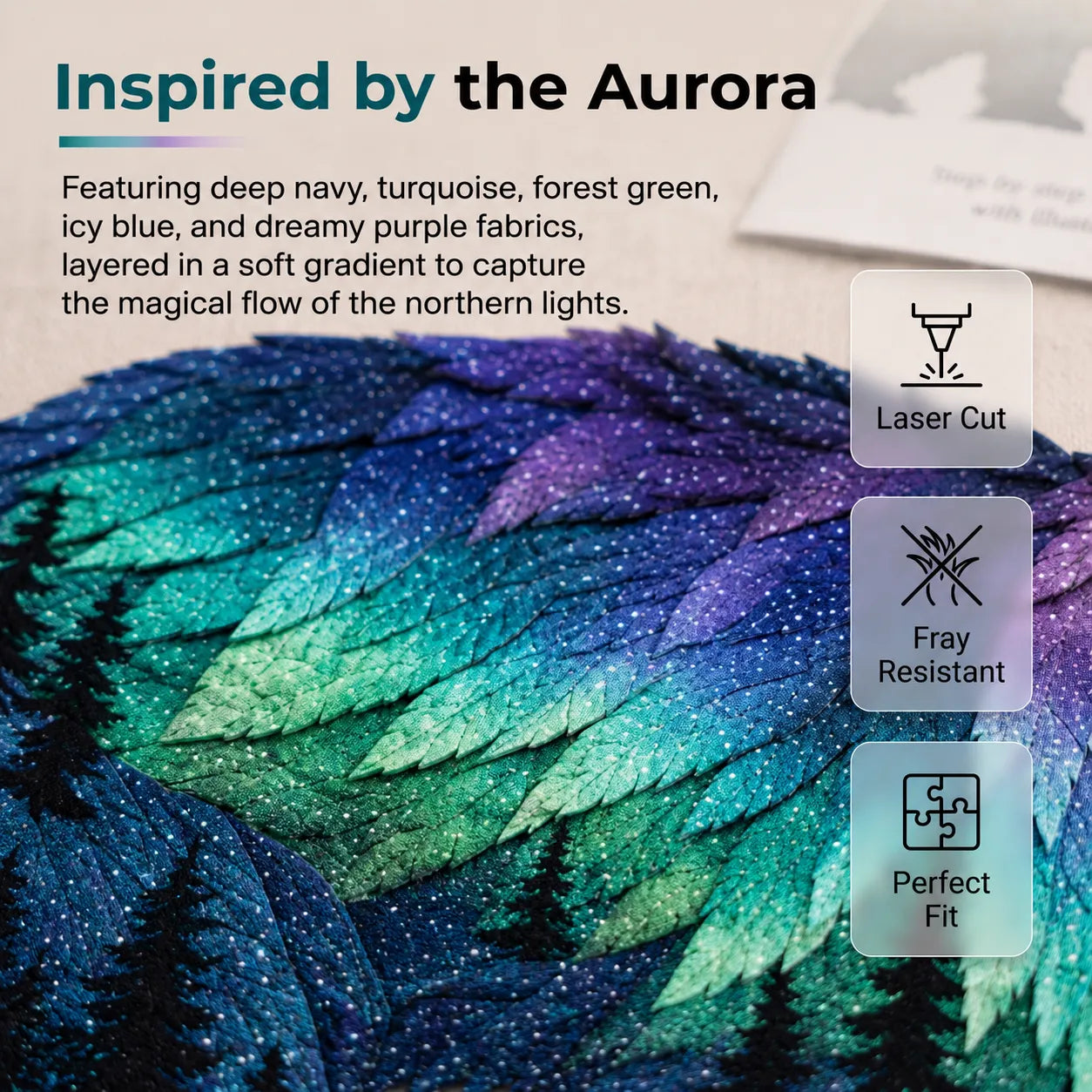 Close-up of aurora-inspired layered patchwork fabric texture