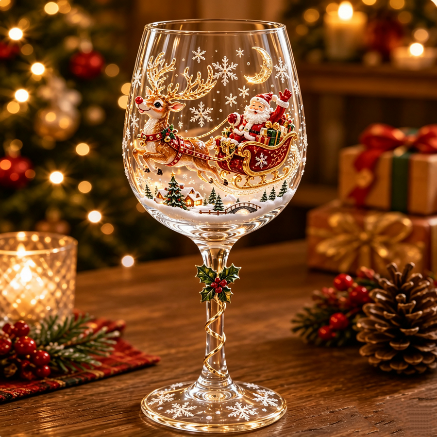 Reindeer sleigh 3D Christmas wine glass