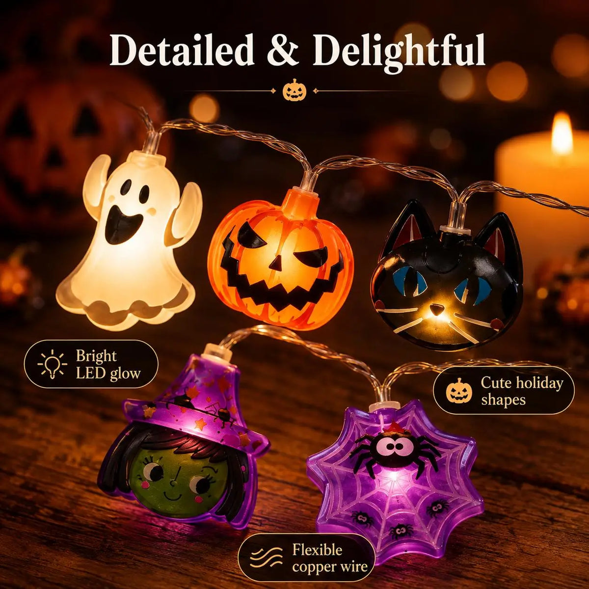 Close-up Halloween LED characters showing warm glow and flexible wire