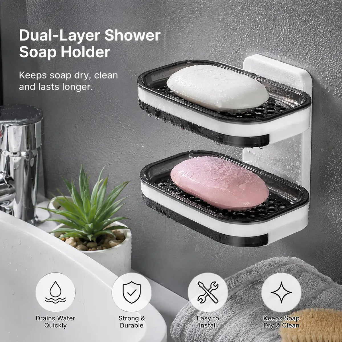 Wall Mounted Double-Layer Soap Dish, No-Drill Self-Draining Bathroom Organizer with Anti-Slip & Drip-Proof Design