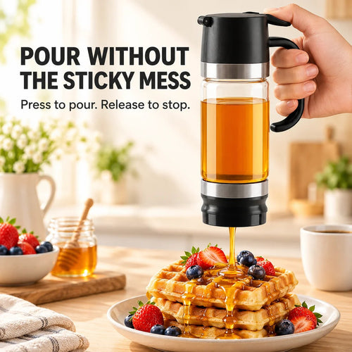 🍯 No-Drip Honey & Syrup Dispenser – Press-to-Pour Glass Jar with Handle