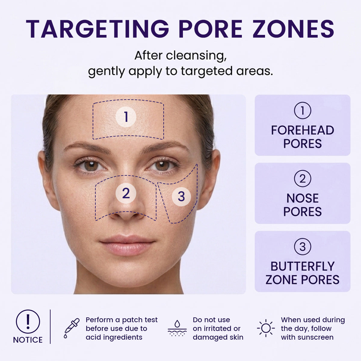 Target pore zones on forehead nose and cheeks