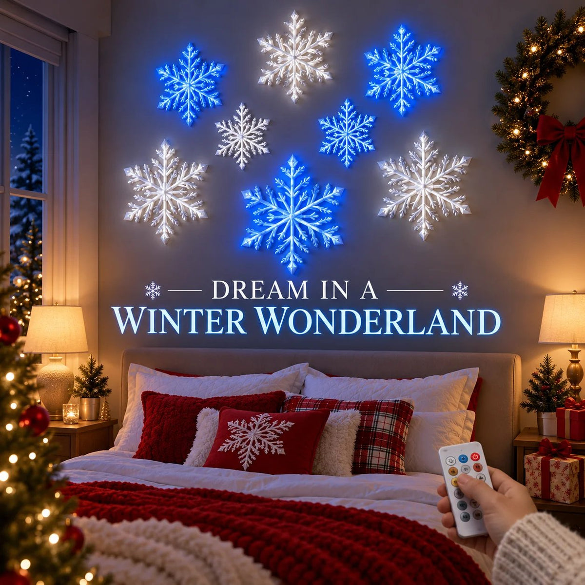 ❄️ 3D LED Snowflake Wall Lights – Remote Control Christmas Décor with Blue & White Glow for Cozy Indoor Holiday Nights✨