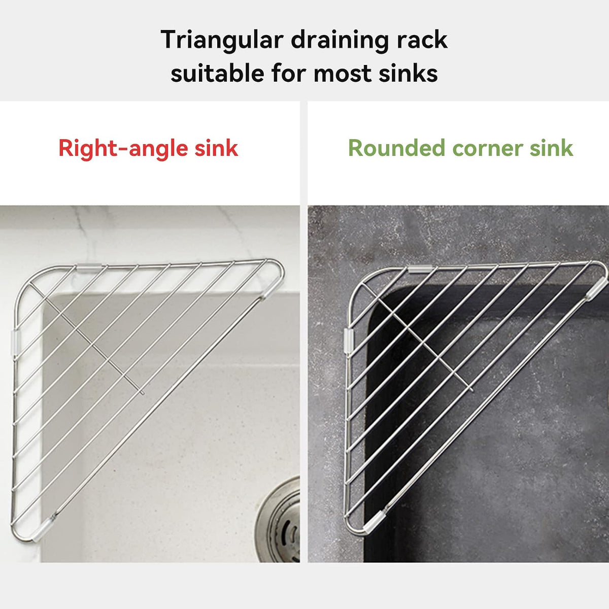 Triangular draining rack shown on right angle sink and rounded corner sink