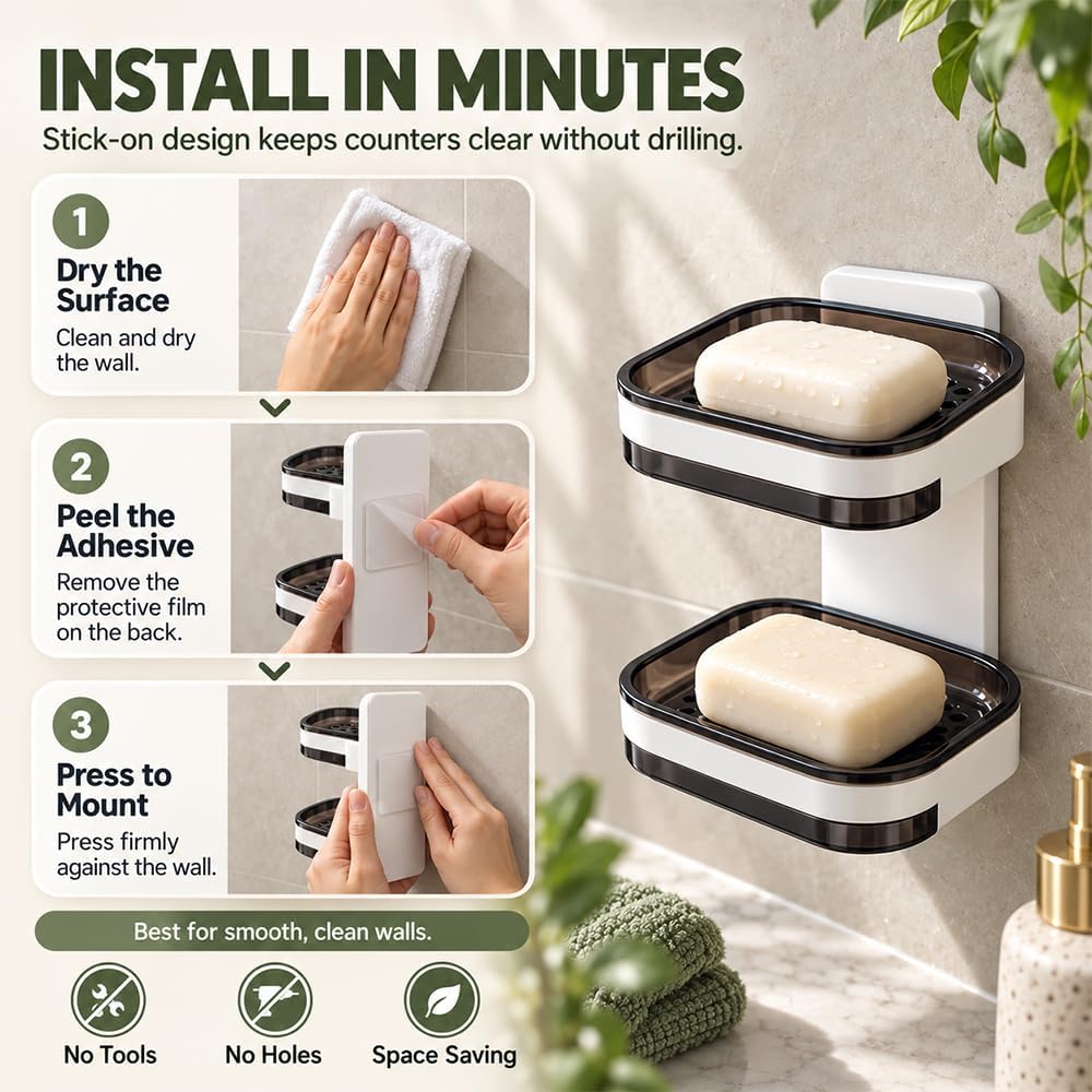 Wall Mounted Double-Layer Soap Dish, No-Drill Self-Draining Bathroom Organizer with Anti-Slip & Drip-Proof Design