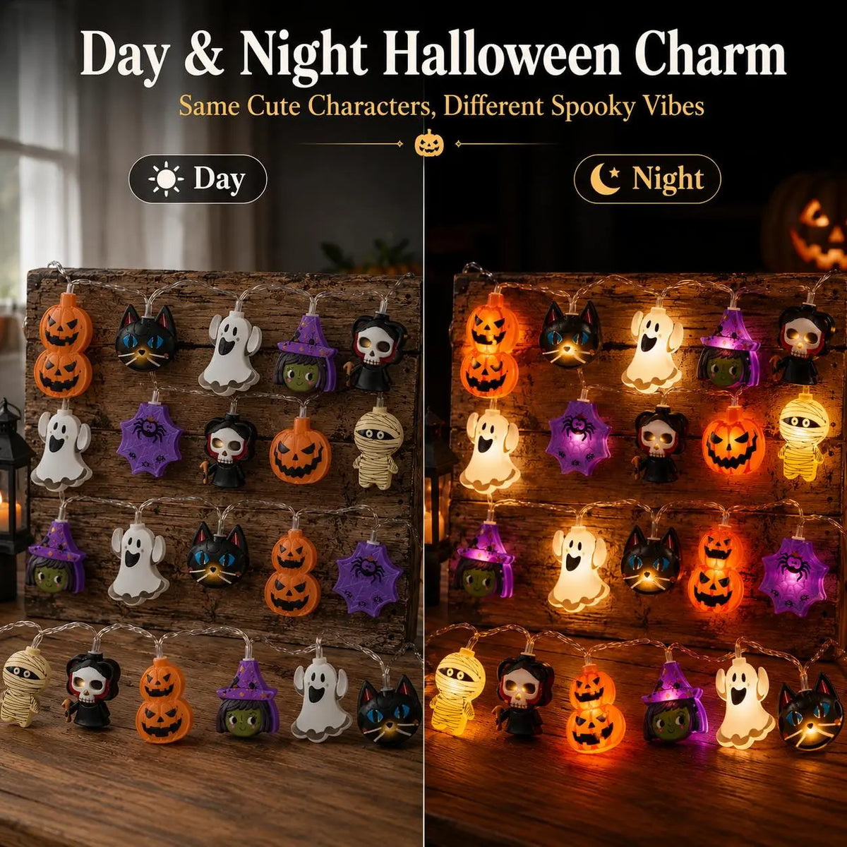 Day and night comparison of Halloween character string lights