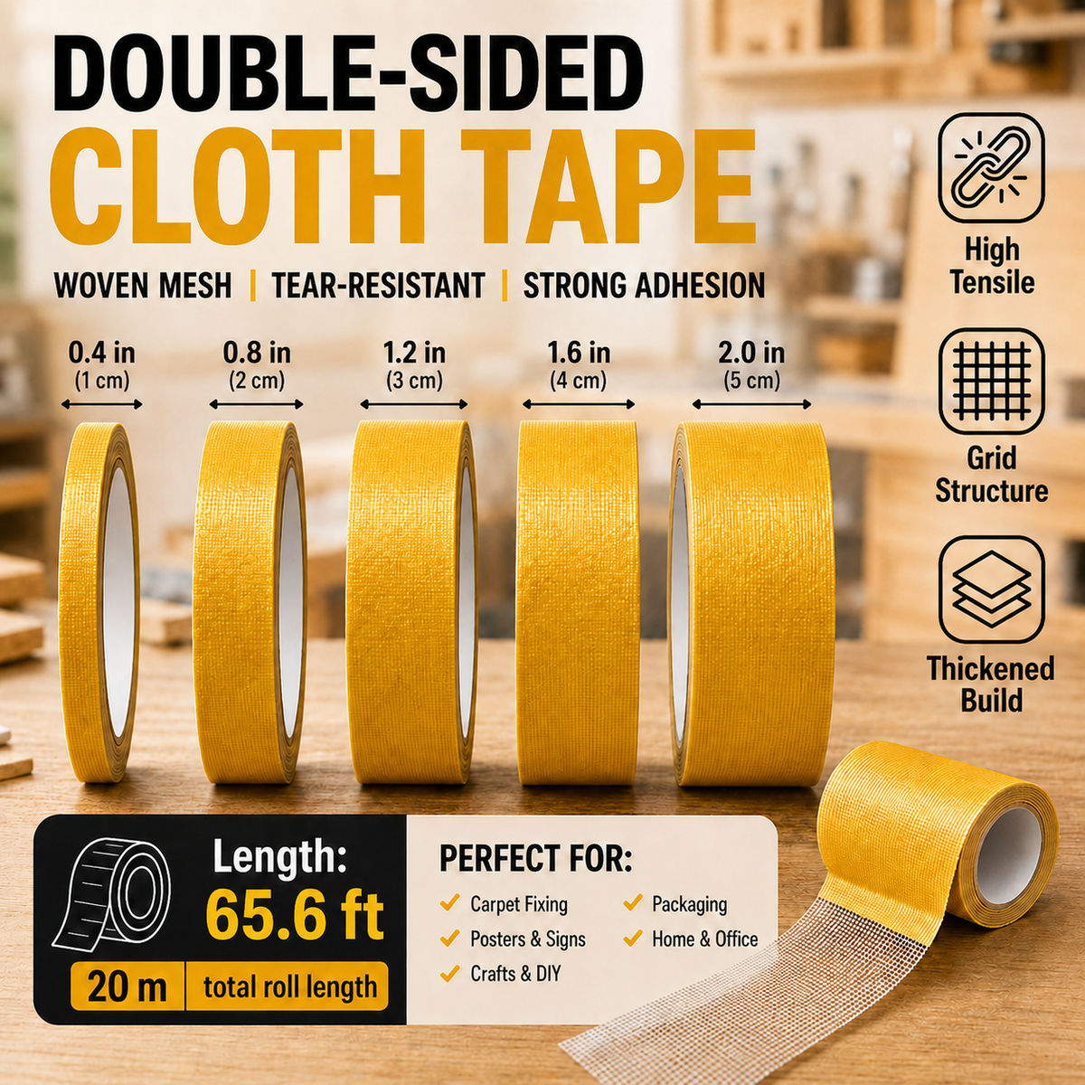 High-tack double-sided woven mesh tape shown in several widths