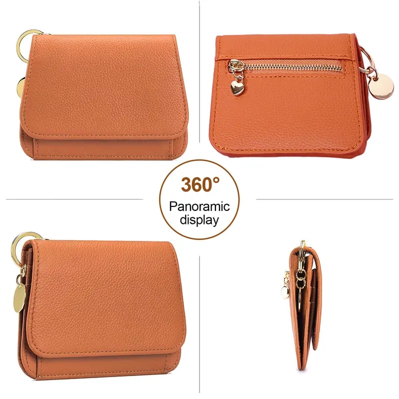 Front, back, angled and side views of the orange wallet
