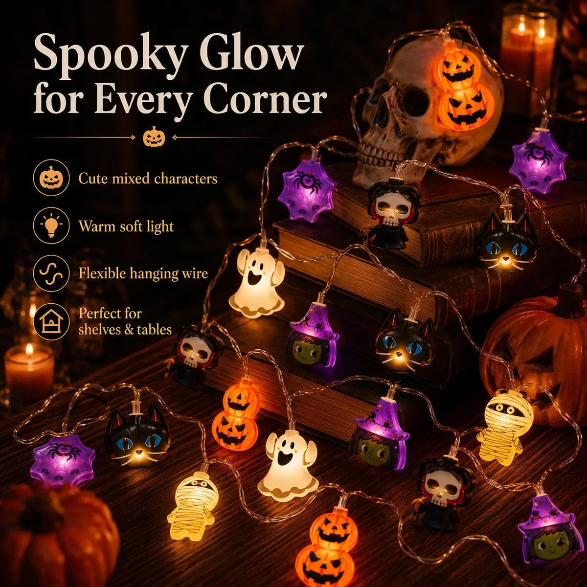 Halloween string lights arranged across books, skulls, pumpkins and candles