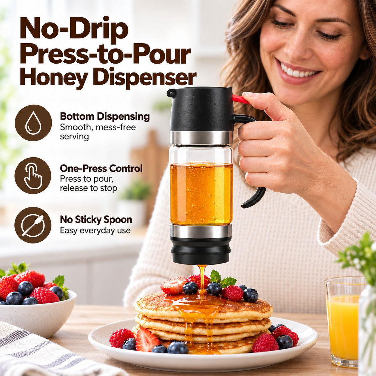 🍯 No-Drip Honey & Syrup Dispenser – Press-to-Pour Glass Jar with Handle