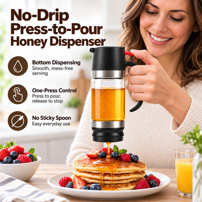 🍯 No-Drip Honey & Syrup Dispenser – Press-to-Pour Glass Jar with Handle