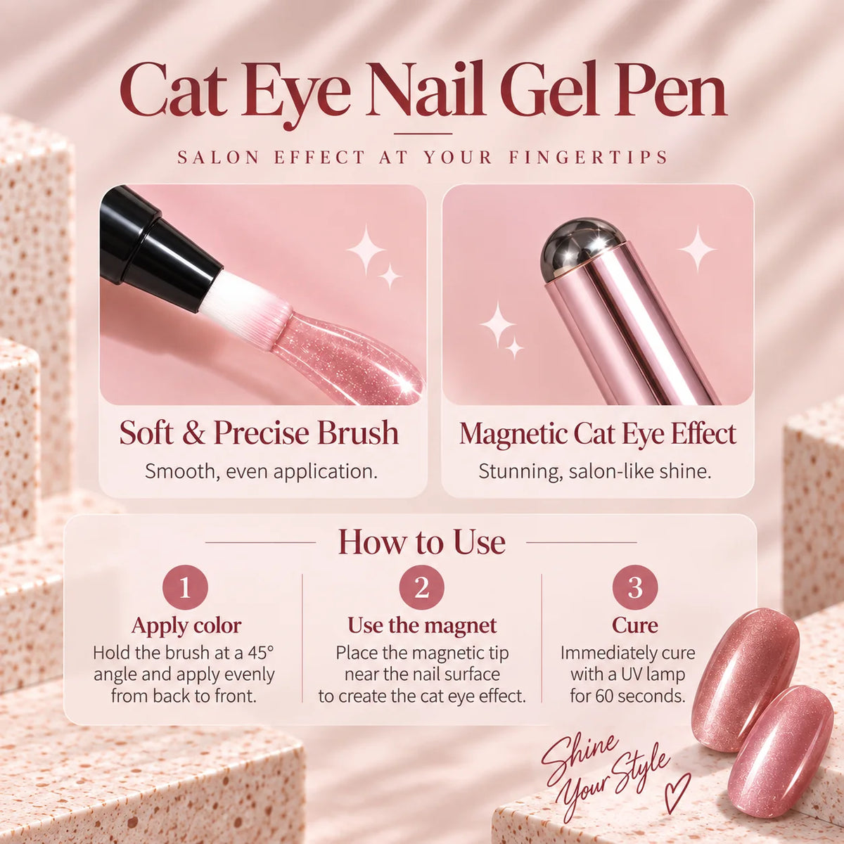 6‑in‑1 Cat Eye Nail Gel Pen, Base Builder Top Coat UV Gel for DIY Home Manicure