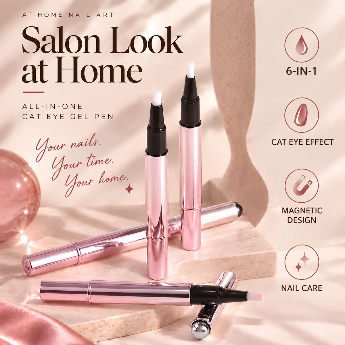 6‑in‑1 Cat Eye Nail Gel Pen, Base Builder Top Coat UV Gel for DIY Home Manicure