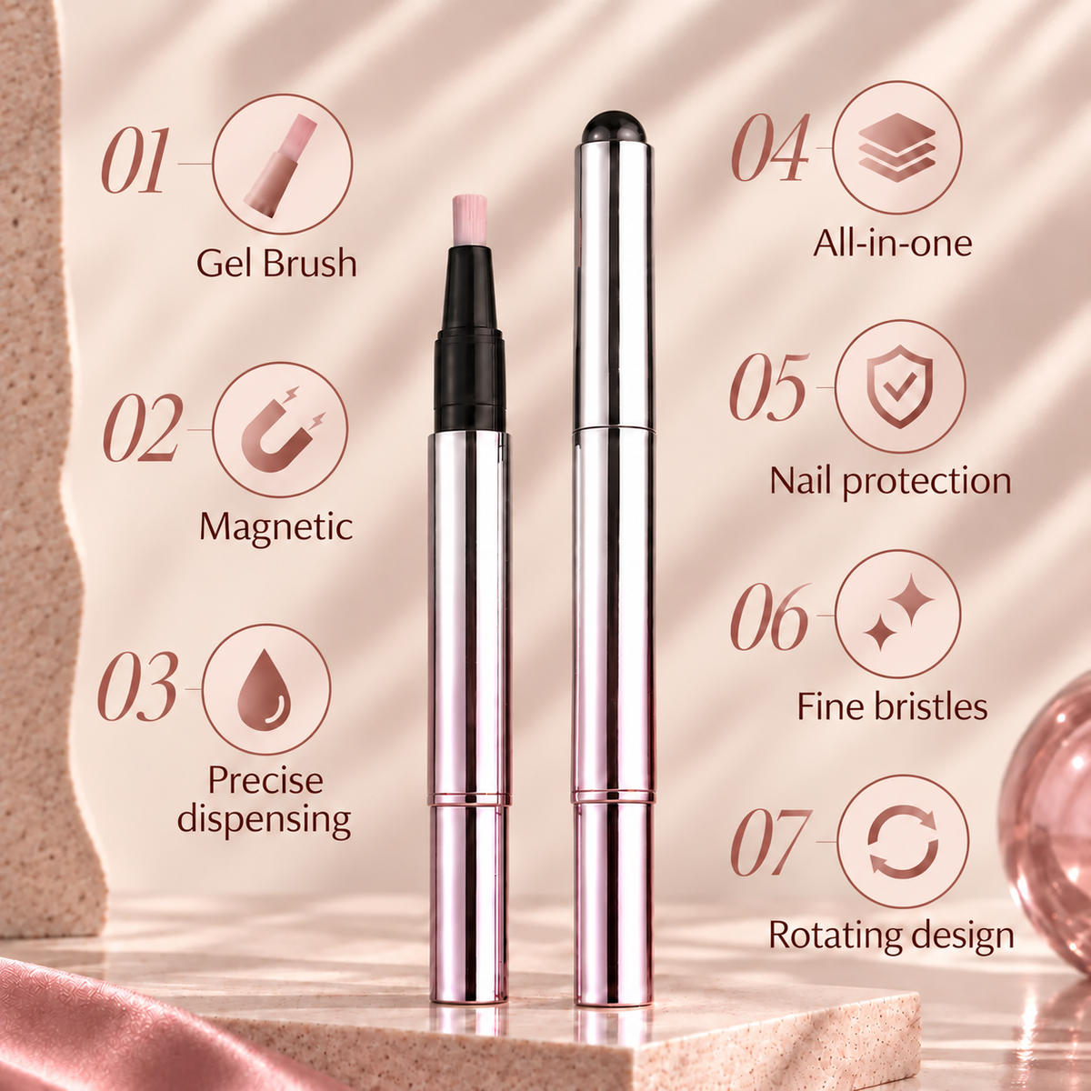 6‑in‑1 Cat Eye Nail Gel Pen, Base Builder Top Coat UV Gel for DIY Home Manicure