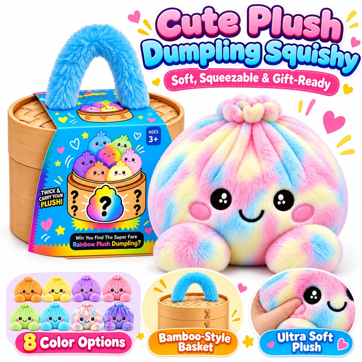 Rainbow Dumpling Plush Squishy with Bamboo-Style Steamer Basket – 8 Adorable Colors, Cute Stuffed Toy & Gift