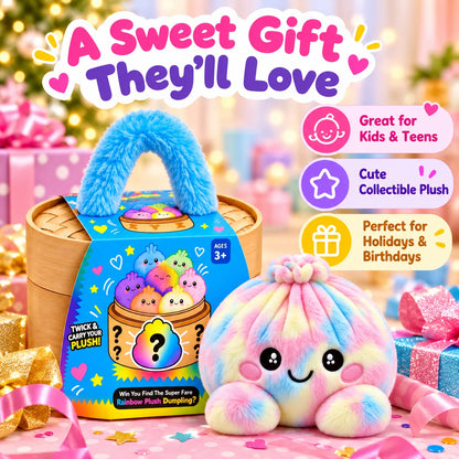Rainbow Dumpling Plush Squishy with Bamboo-Style Steamer Basket – 8 Adorable Colors, Cute Stuffed Toy & Gift