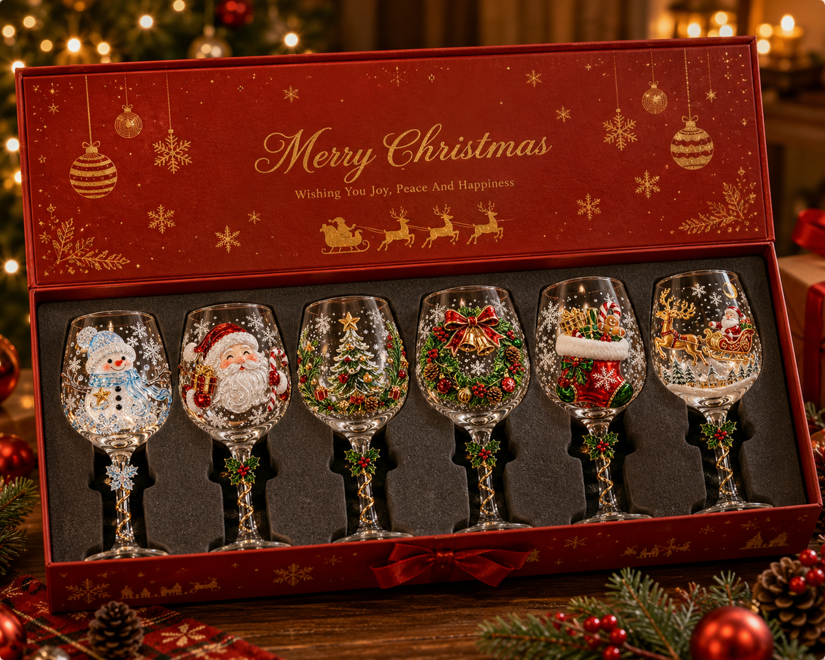 Six-piece Christmas 3D wine glass gift box collection