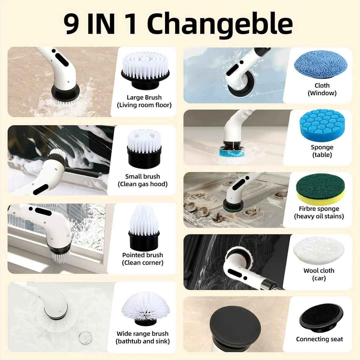 Electric Spin Scrubber With 9 In 1 Brush Heads - Cordless Multi-Surface Cleaning Tool