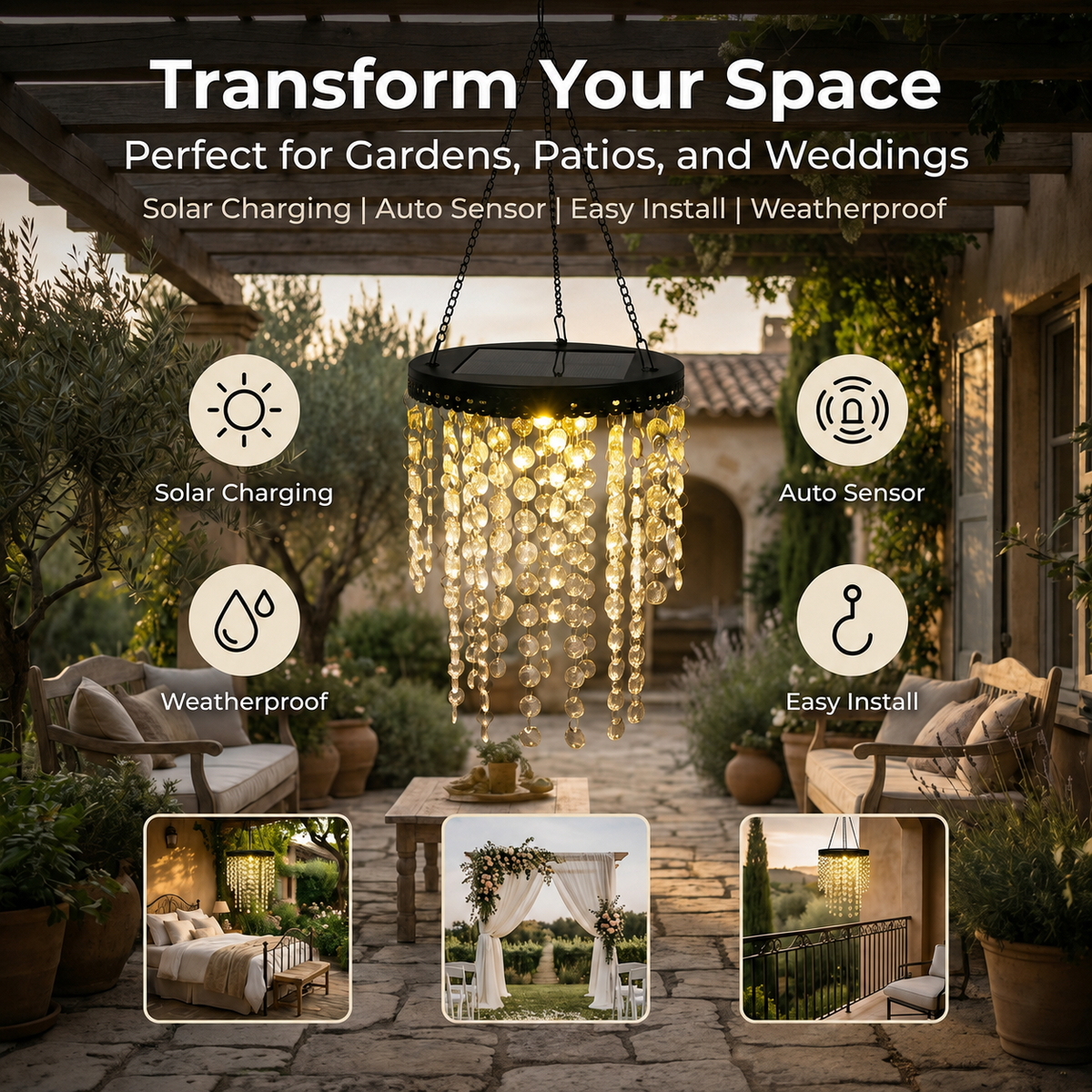 Waterproof Outdoor Solar Crystal Chandelier, Hanging Acrylic Pendant Light for Garden Patio Backyard Decor